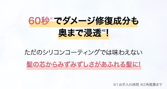 60秒※1でダメージ修復成分も奥まで浸透※2 !ただのシリコンコーティングでは味わえない髪の芯からみずみずしさがあふれる髪に! ※1お手入れ時間 ※2角質層まで