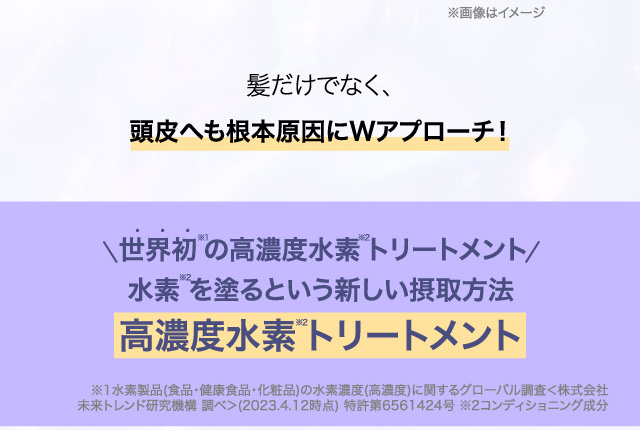 髪だけでなく、頭皮へも根本原因にWアプローチ！世界初 の高濃度水素トリートメント 水素を塗るという新しい摂取方法 高濃度水素 トリートメント※1水素製品(食品・健康食品・化粧品)の水素濃度(高濃度)に関するグローバル調査＜株式会社 未来トレンド研究機構 調べ＞(2023.4.12時点) 特許第6561424号 ※2コンディショニング成分